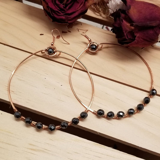 Handmade Hematite Copper Hoop Wire Wrapped Earrings