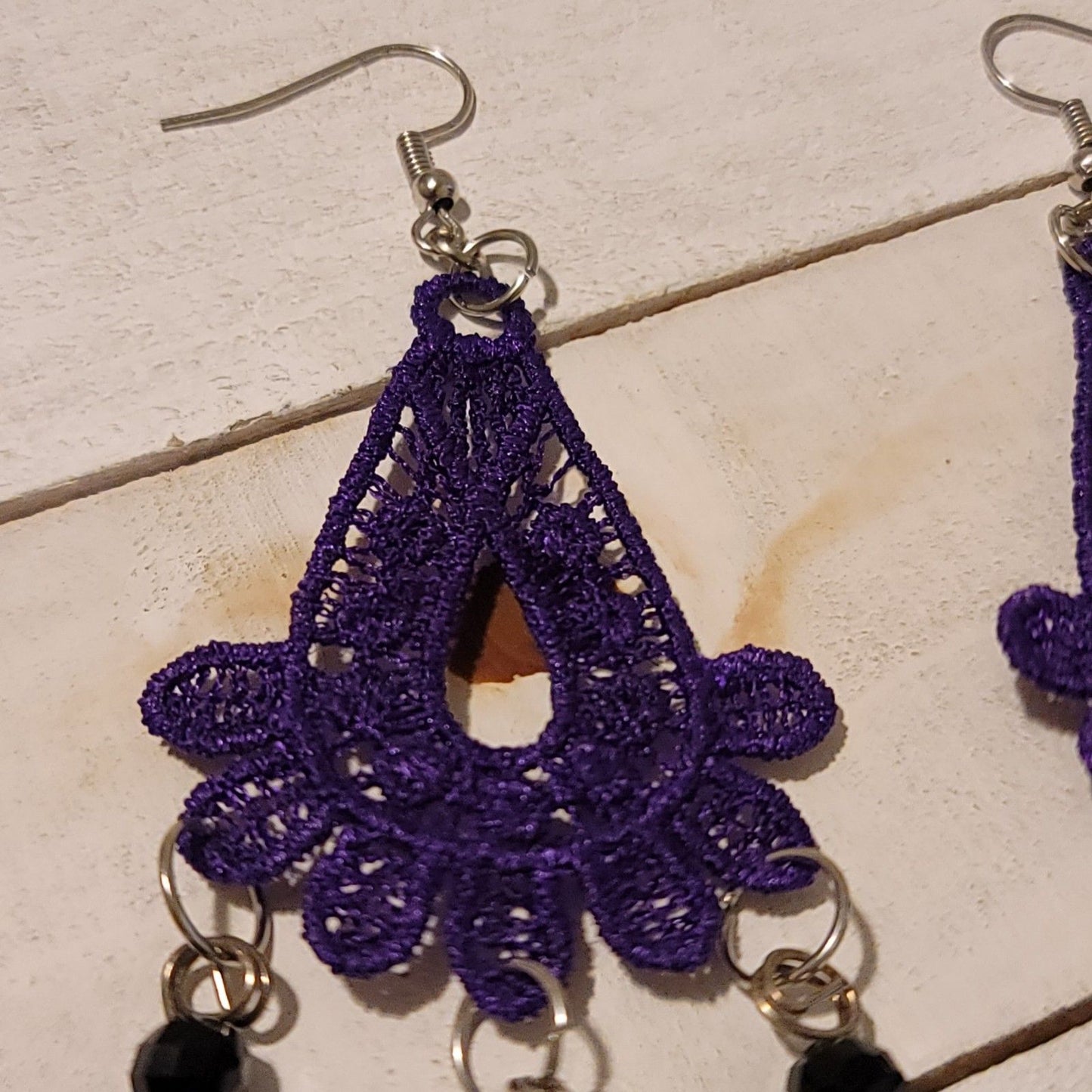 Handmade Purple Lace Earrings with Blue Bead Dangles