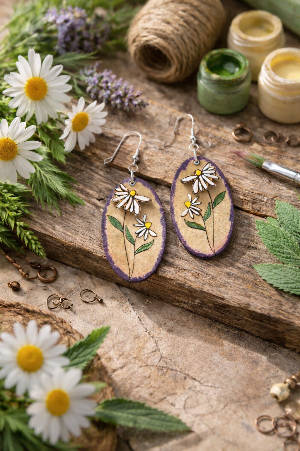 Earrings with floral design on a wooden surface with flowers and jars.