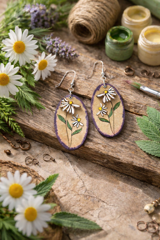 Earrings with floral design on a wooden surface with flowers and jars.