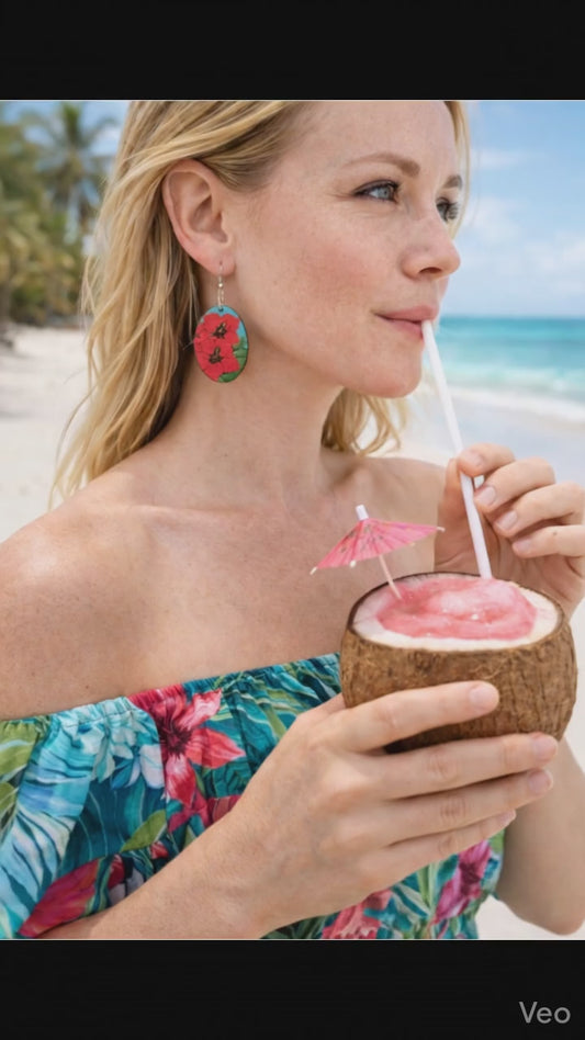 Hand Painted Tropical Floral Earrings | Teal Wood Hibiscus Dangle Earrings