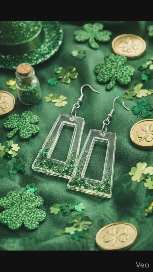 Clear Frame Resin Earrings with Emerald Green Flake Accents