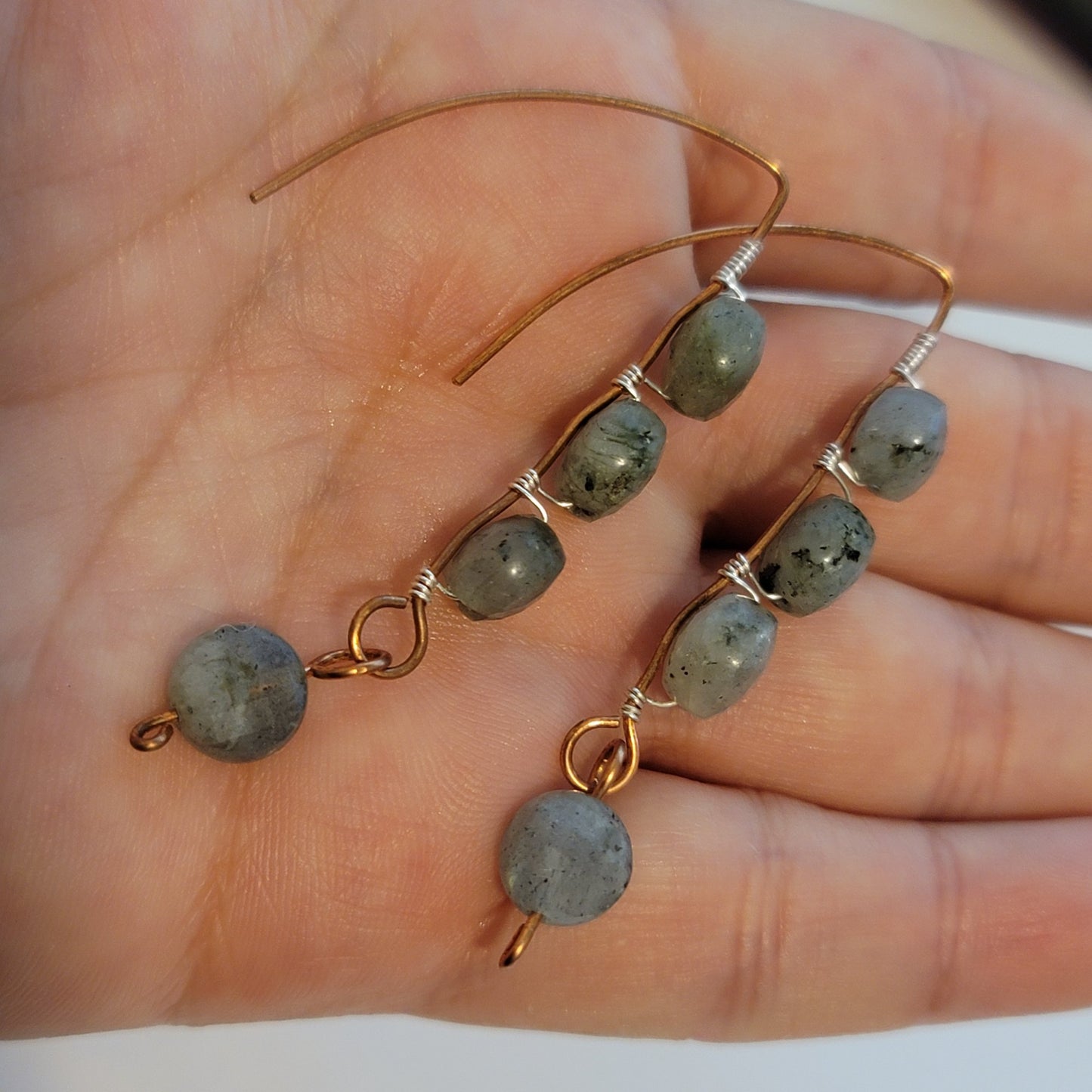 Handmade Labradorite Wire Wrapped Dangle Earrings – Copper & Silver Accents