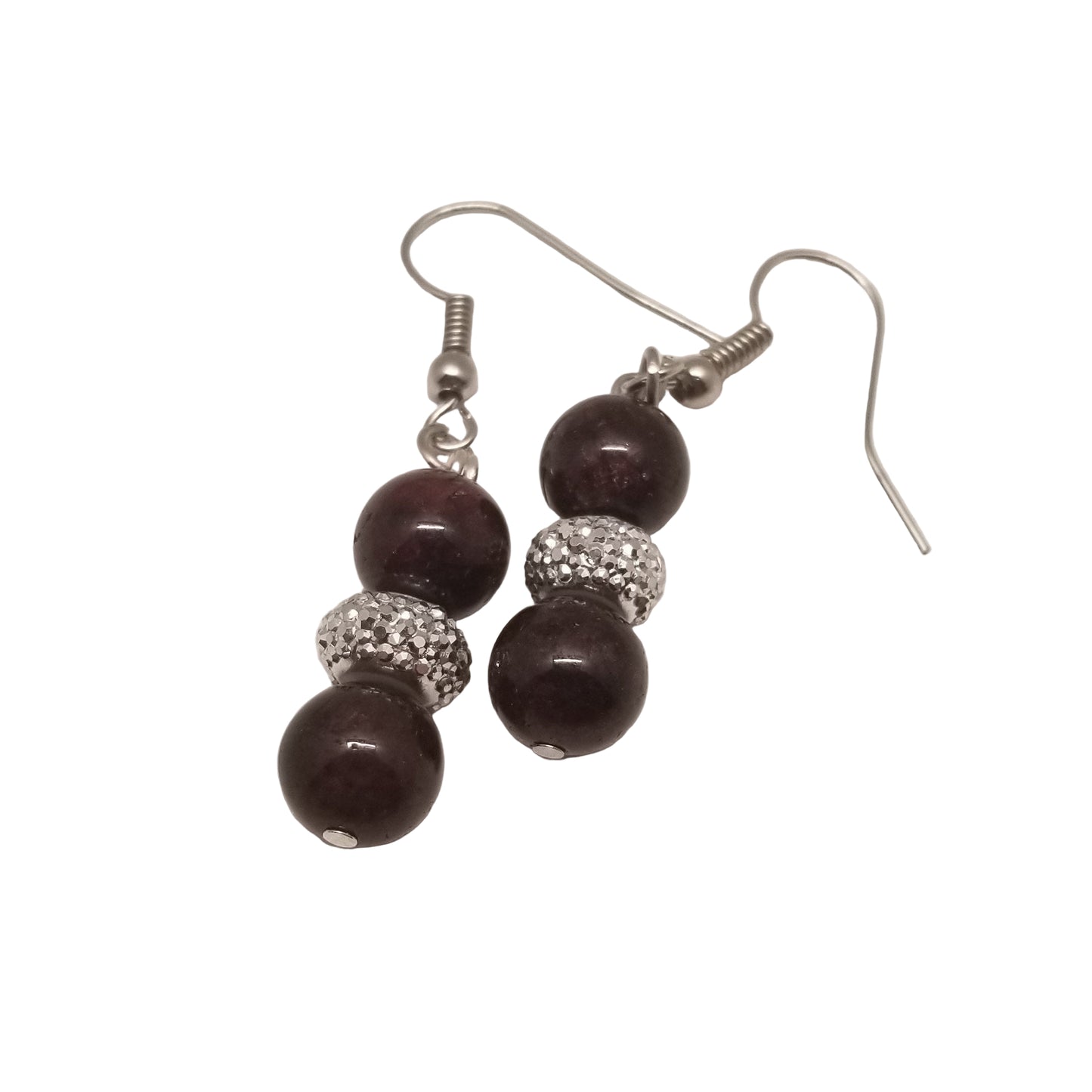 Pair of dark brown beaded earrings with silver accents on a white background