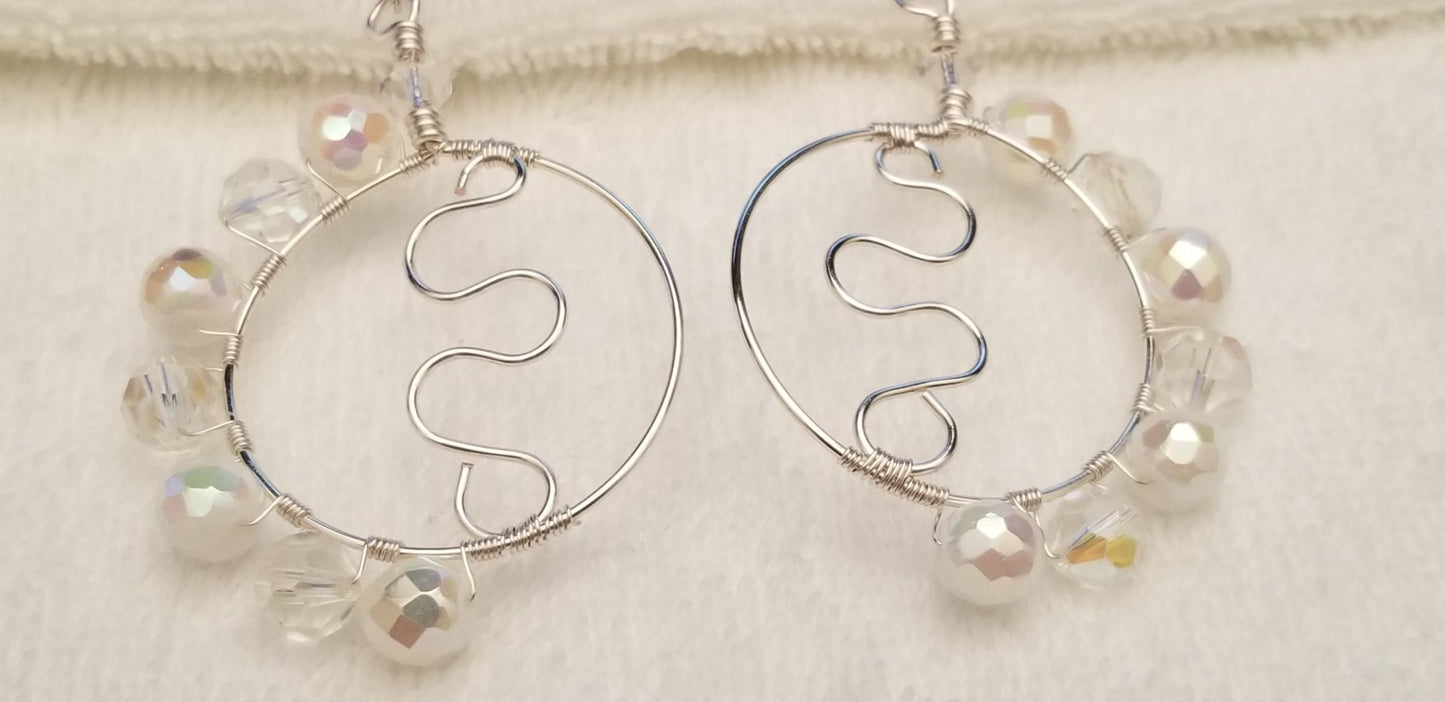 Handmade Silver Tone Wire Hoop Earrings with Clear Beads