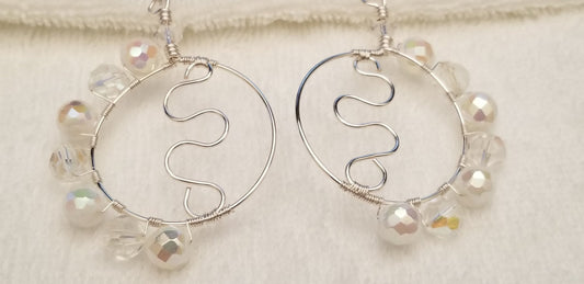 Handmade Silver Tone Wire Hoop Earrings with Clear Beads