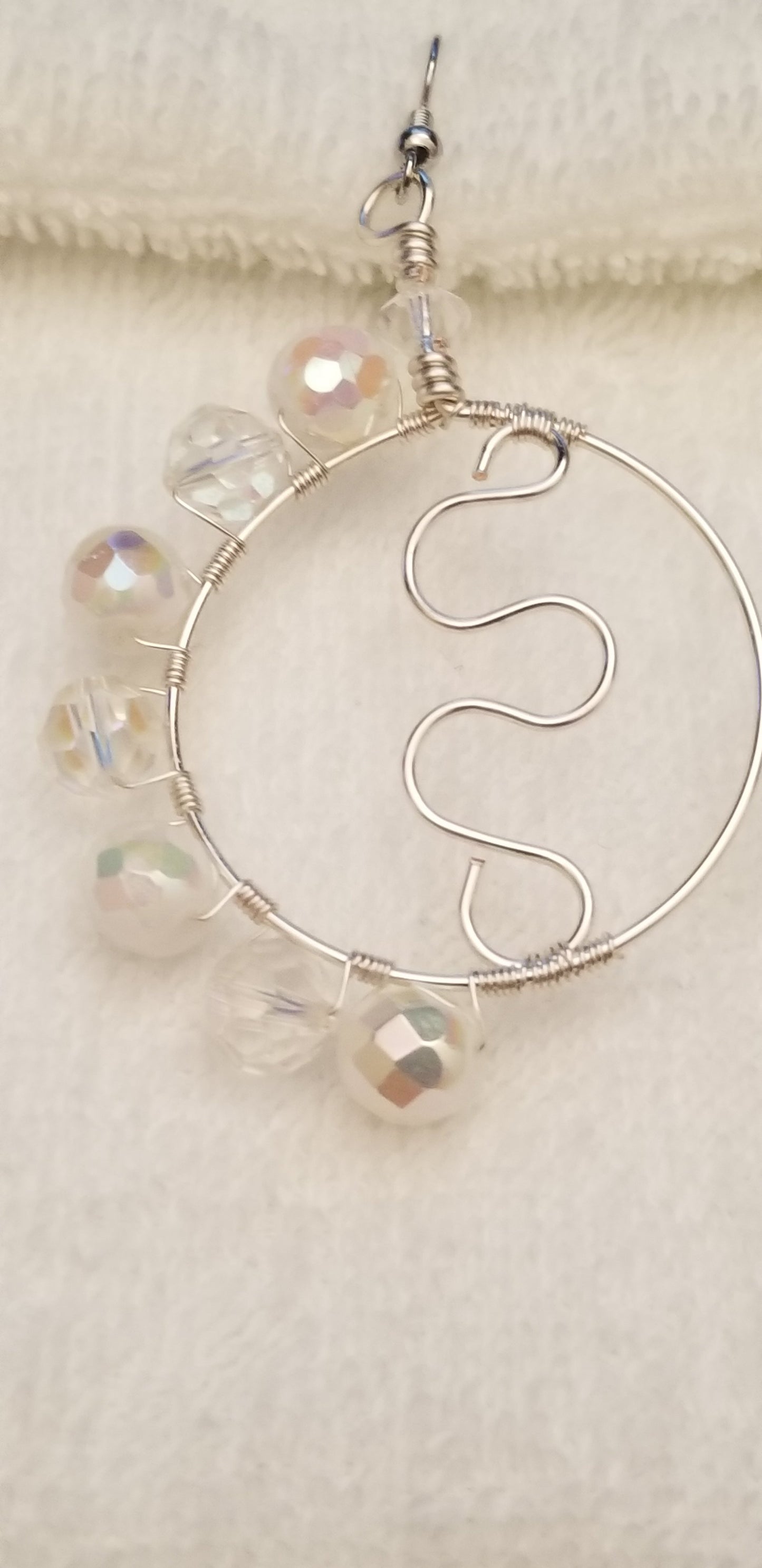 Handmade Silver Tone Wire Hoop Earrings with Clear Beads