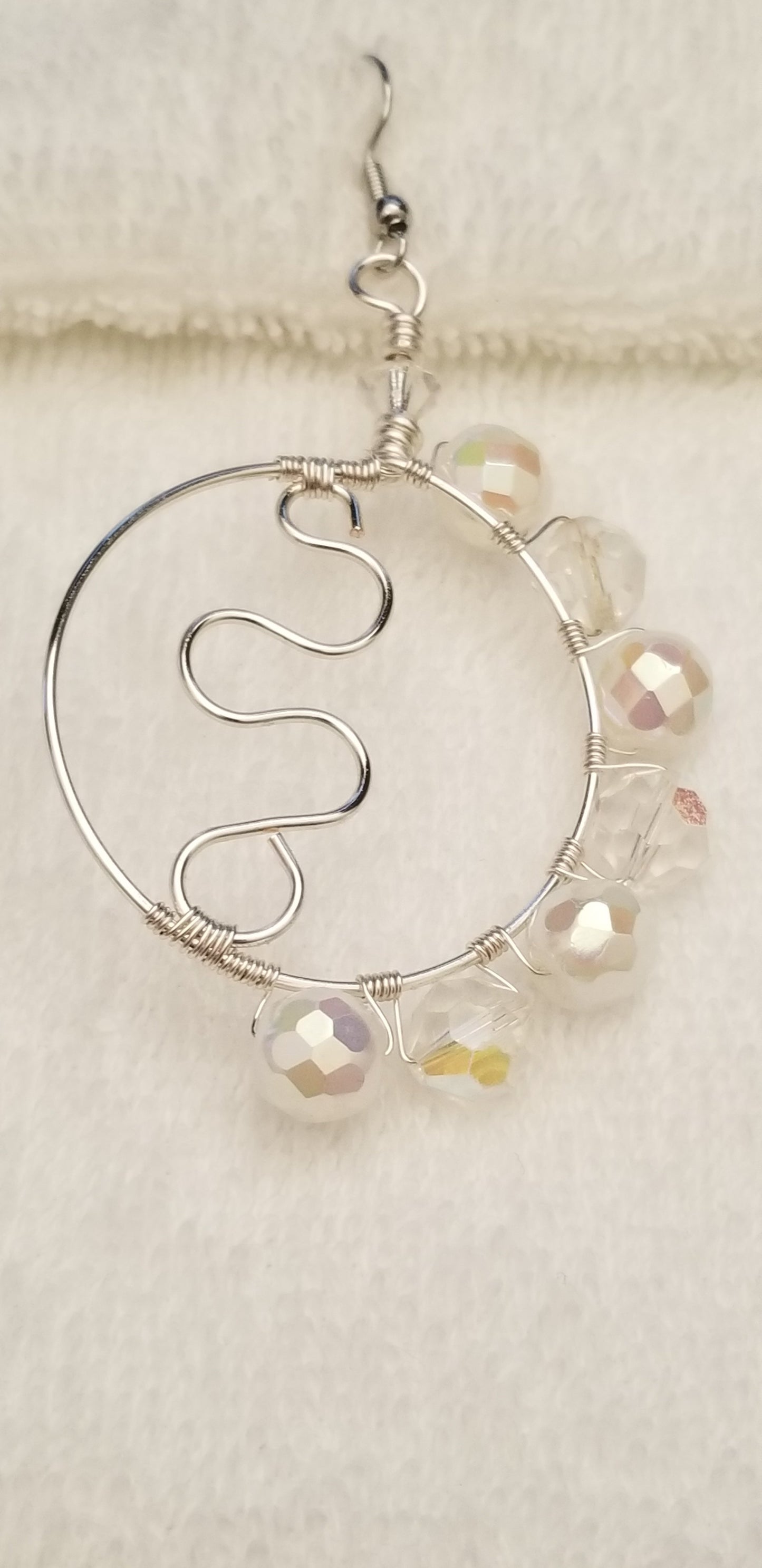 Handmade Silver Tone Wire Hoop Earrings with Clear Beads
