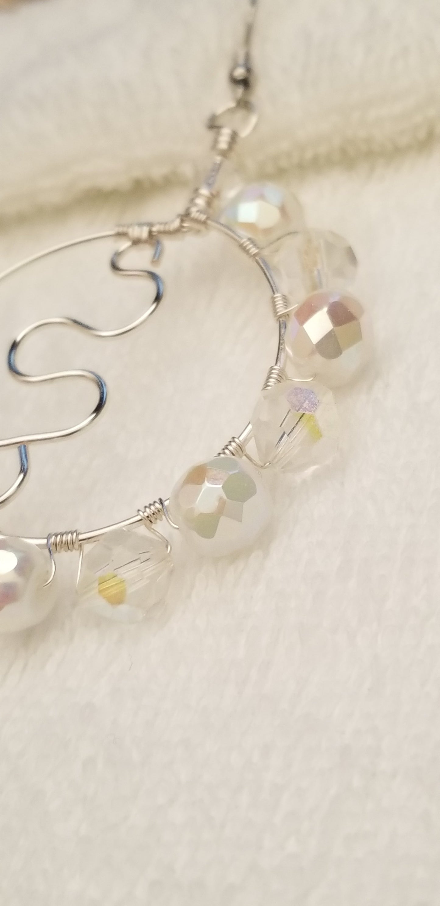 Handmade Silver Tone Wire Hoop Earrings with Clear Beads
