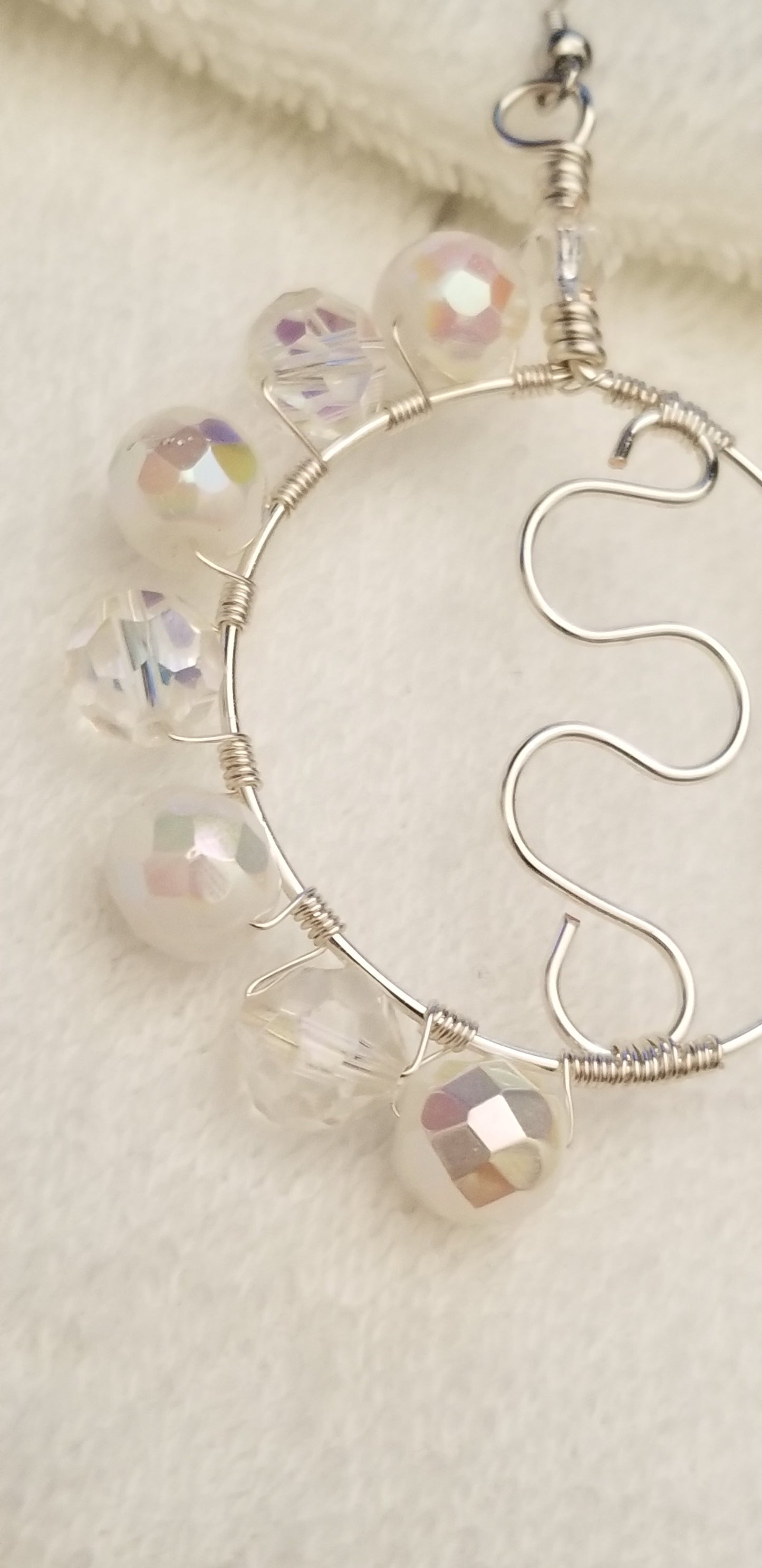 Handmade Silver Tone Wire Hoop Earrings with Clear Beads