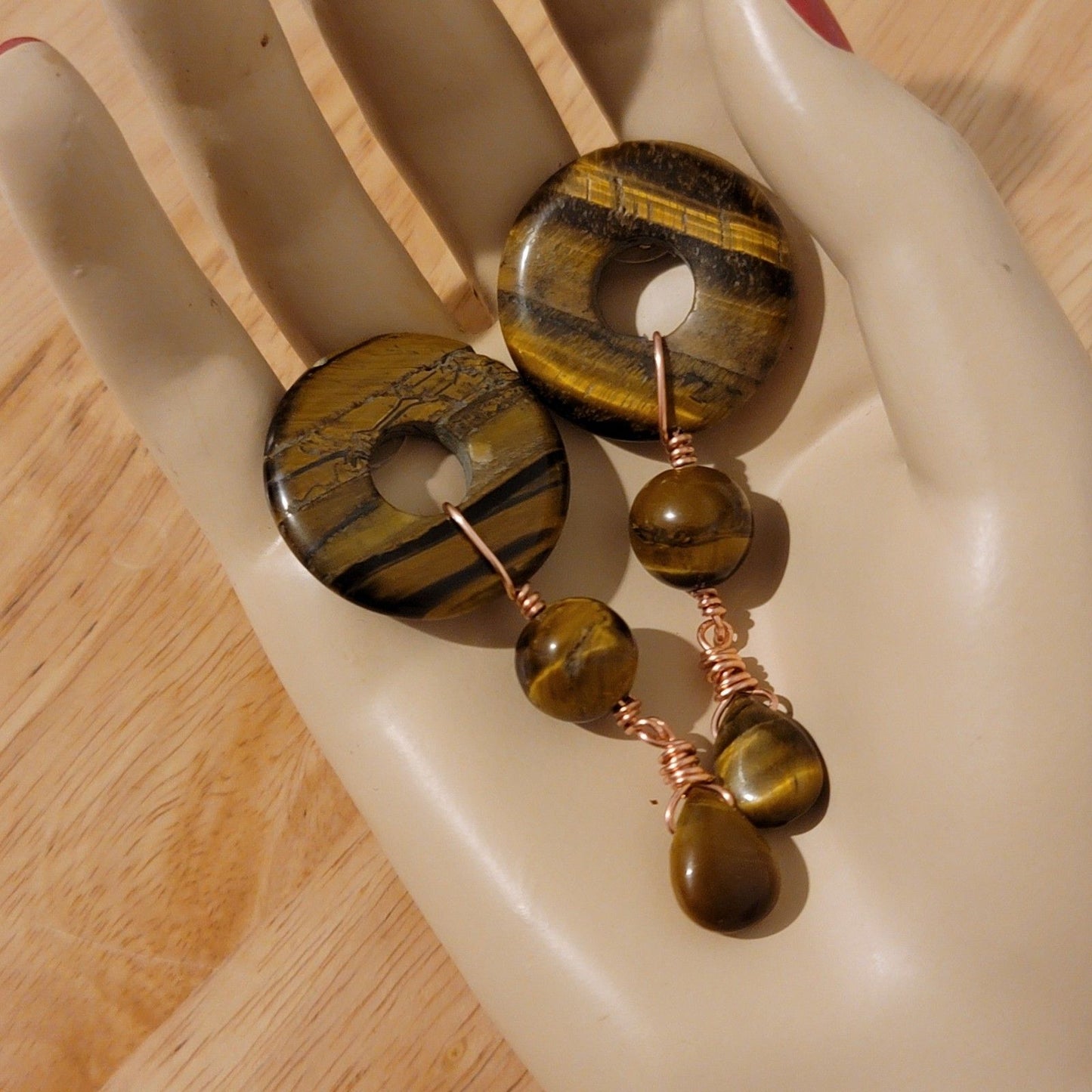 Handmade Tiger’s Eye Donut Dangle Copper Earrings