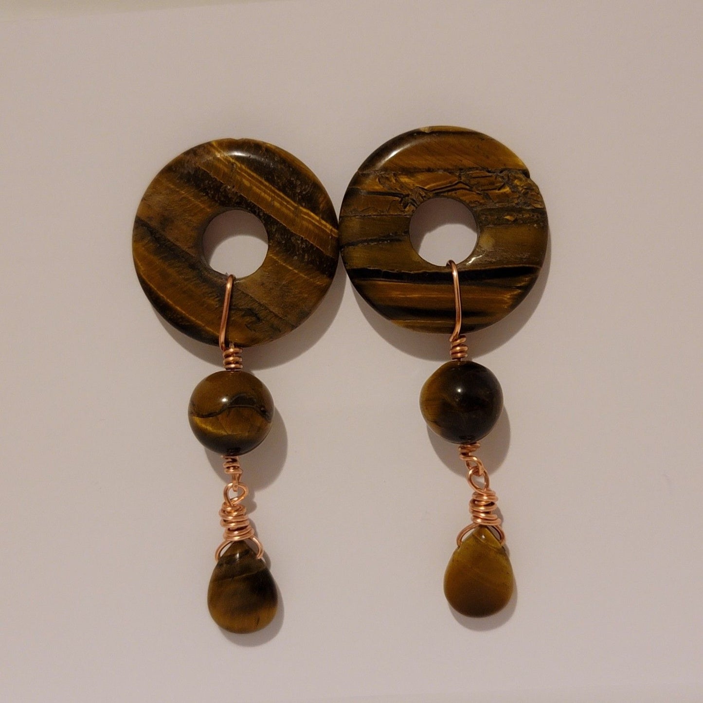 Handmade Tiger’s Eye Donut Dangle Copper Earrings