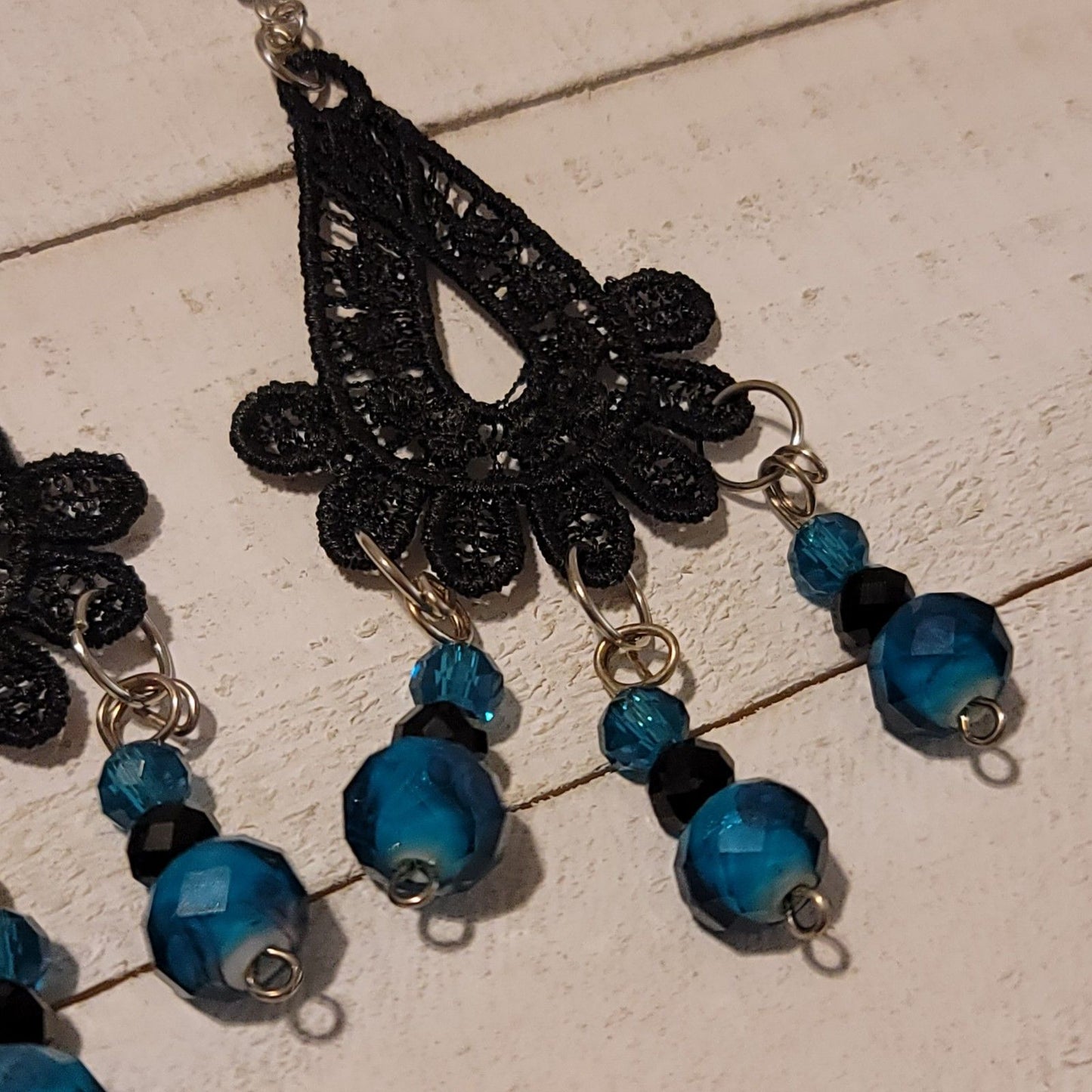 Handmade Purple Lace Earrings with Blue Bead Dangles