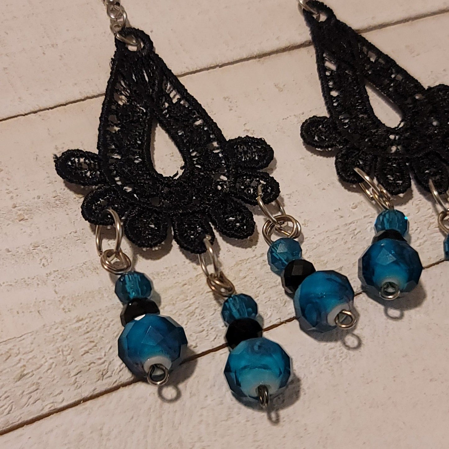 Handmade Purple Lace Earrings with Blue Bead Dangles