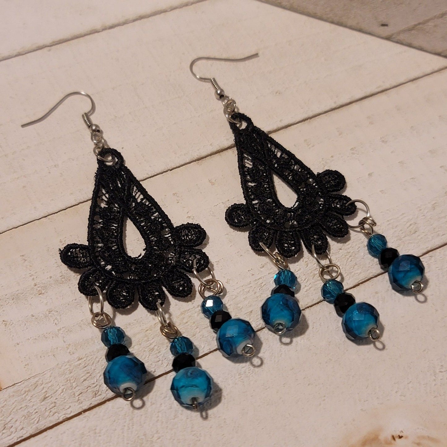 Handmade Purple Lace Earrings with Blue Bead Dangles