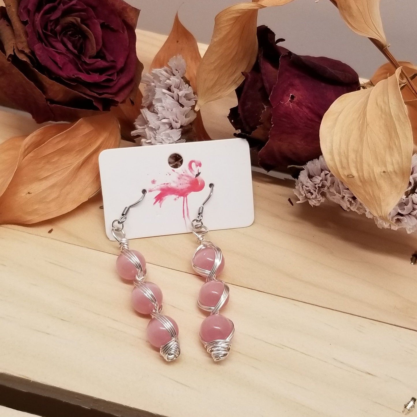 Handmade Pink Cat’s Eye Bead Earrings – Wire Wrapped Dangle Jewelry