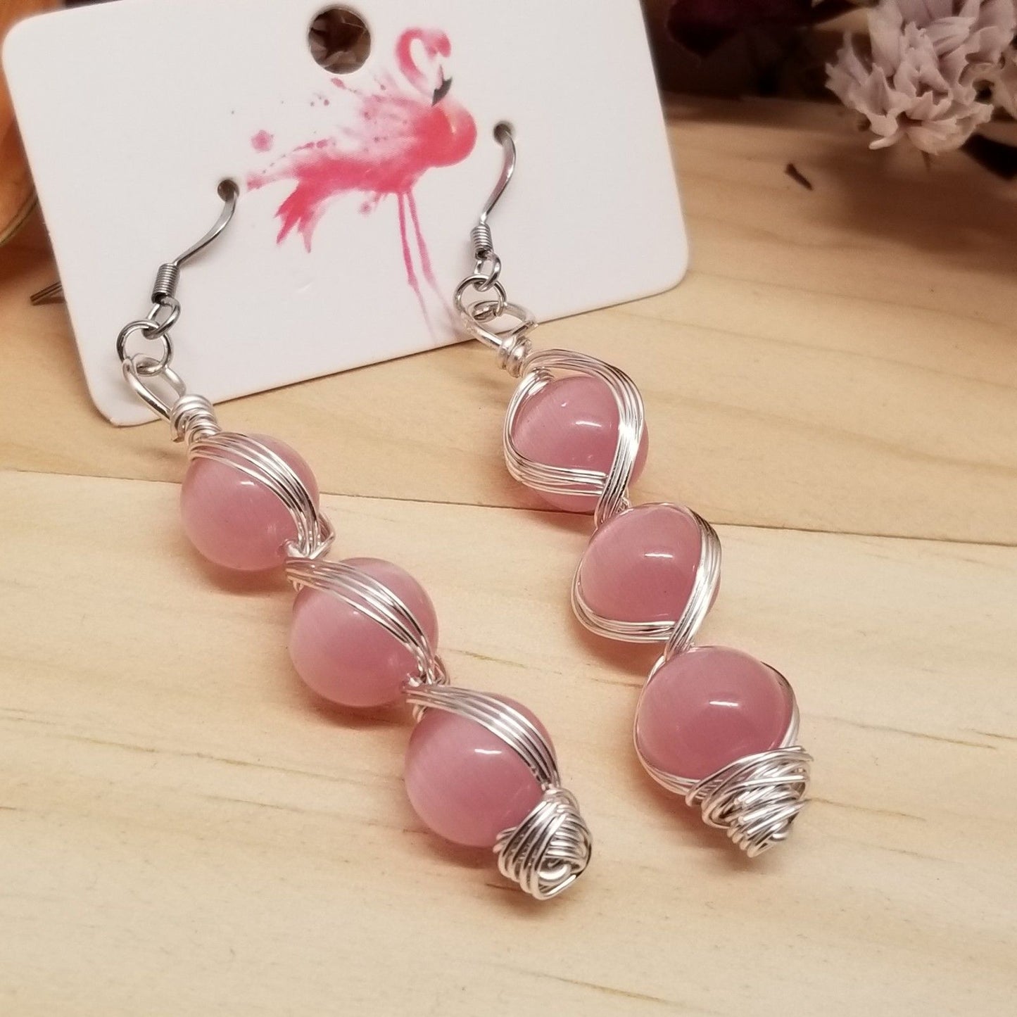 Handmade Pink Cat’s Eye Bead Earrings – Wire Wrapped Dangle Jewelry
