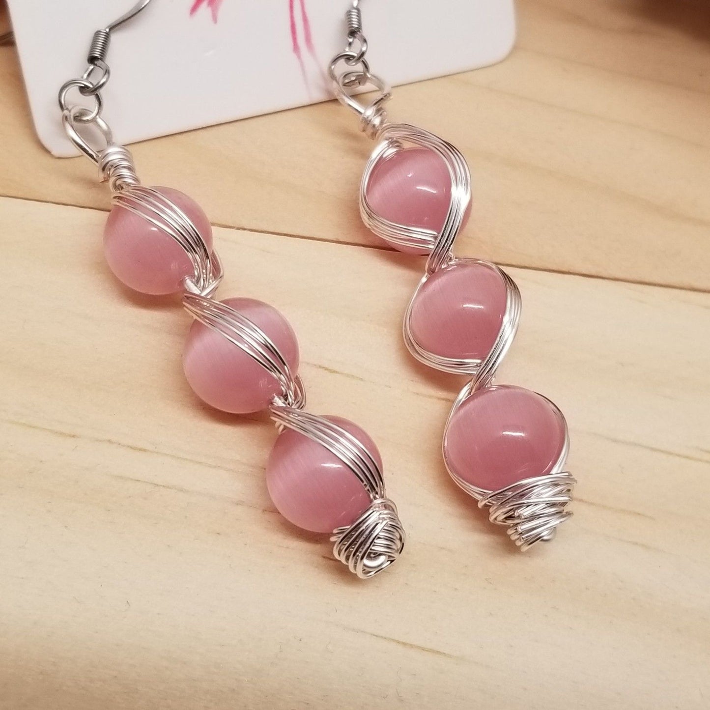 Handmade Pink Cat’s Eye Bead Earrings – Wire Wrapped Dangle Jewelry