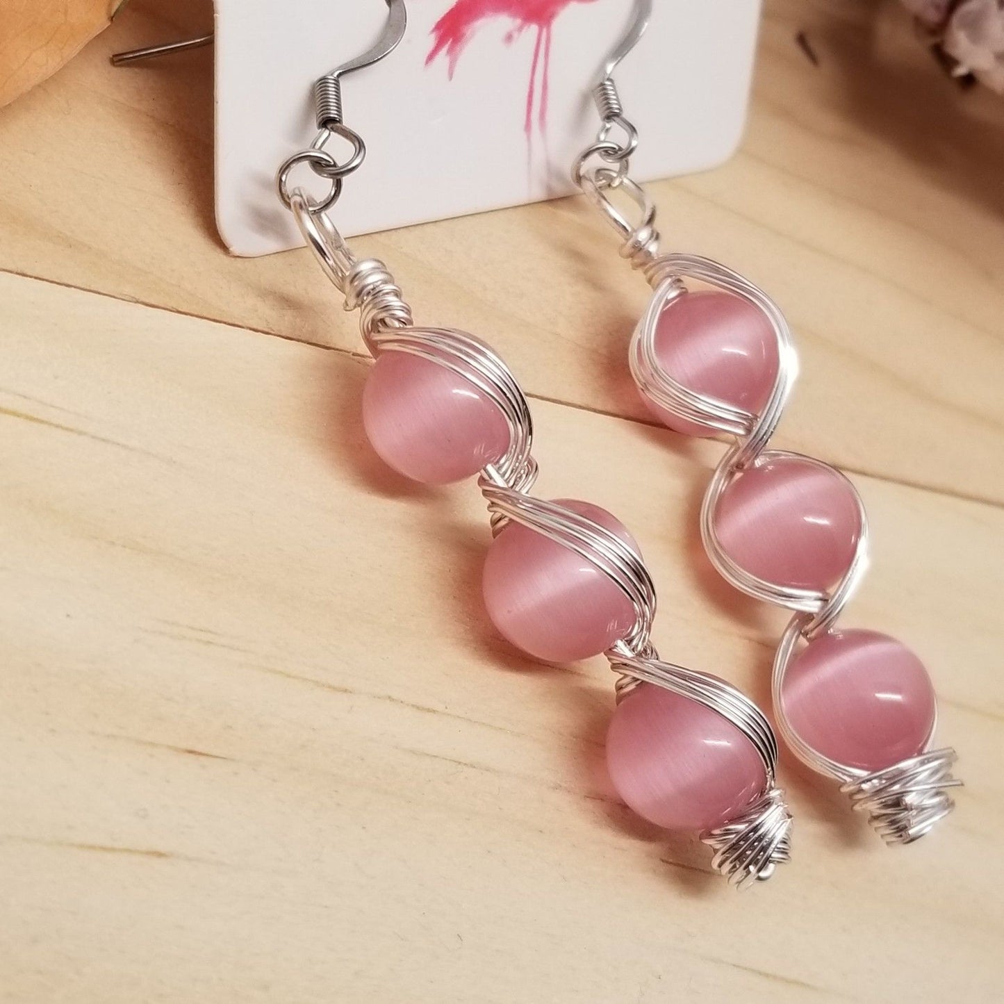 Handmade Pink Cat’s Eye Bead Earrings – Wire Wrapped Dangle Jewelry