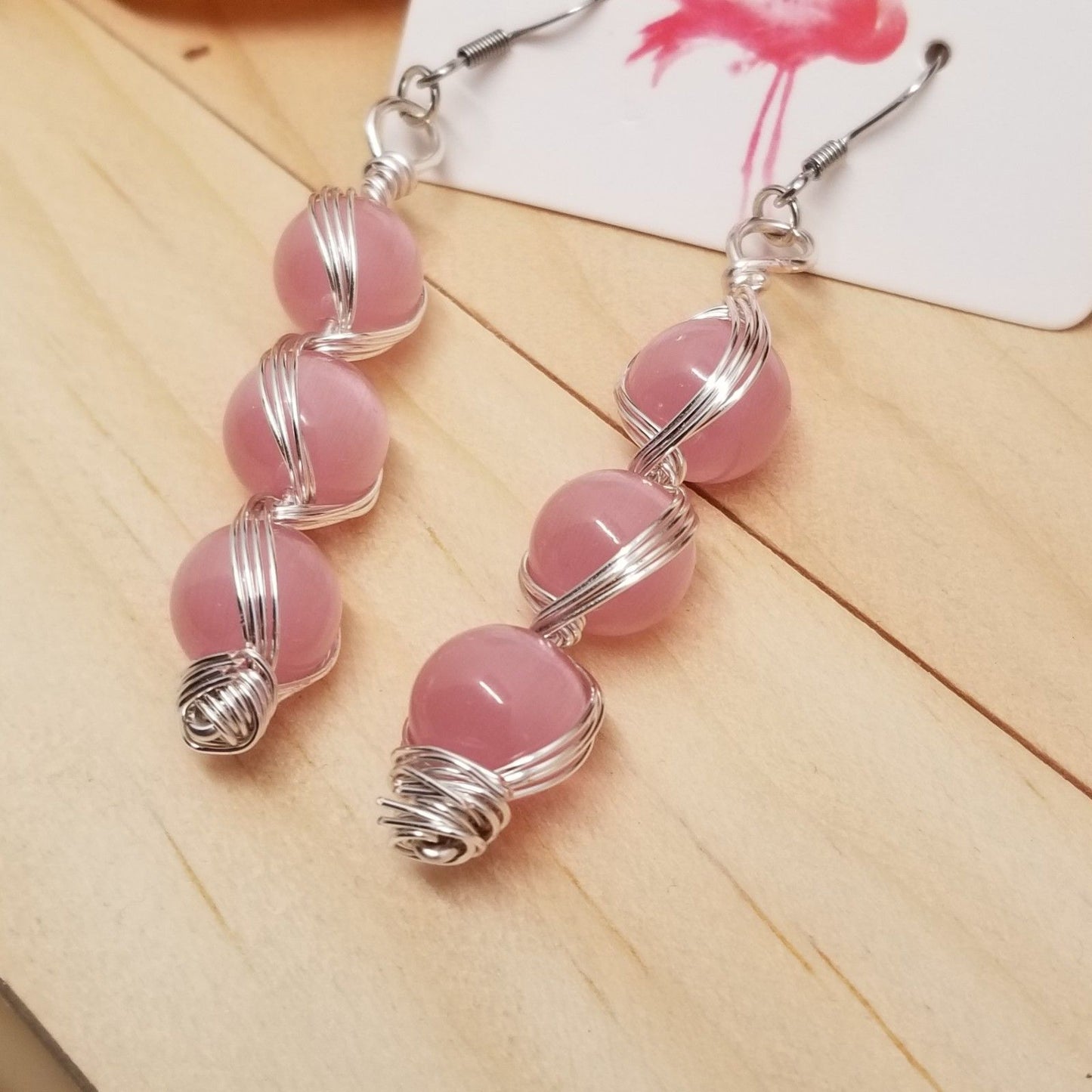 Handmade Pink Cat’s Eye Bead Earrings – Wire Wrapped Dangle Jewelry