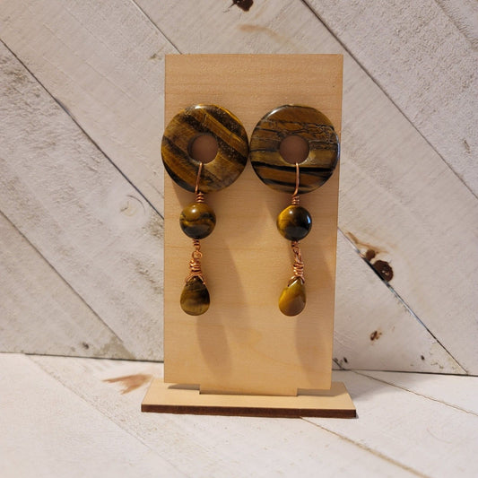 Handmade Tiger’s Eye Donut Dangle Copper Earrings