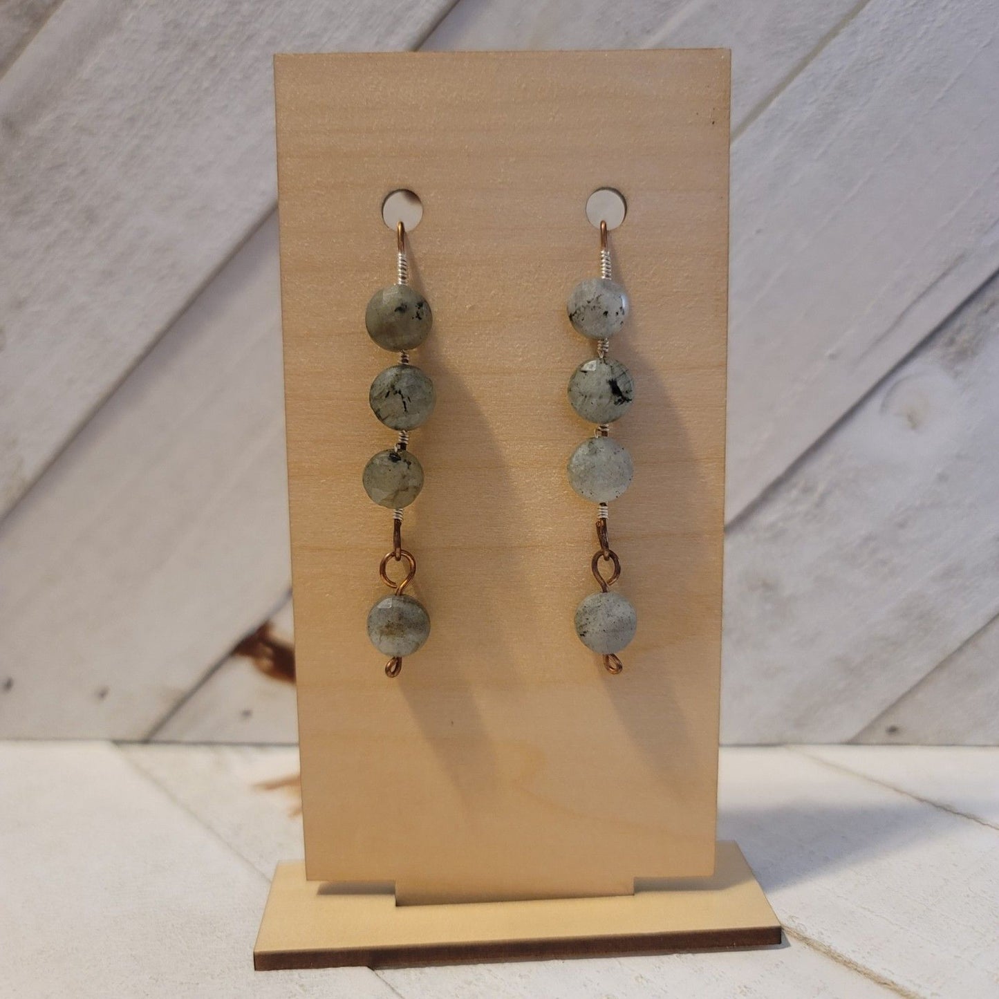 Handmade Labradorite Wire Wrapped Dangle Earrings – Copper & Silver Accents