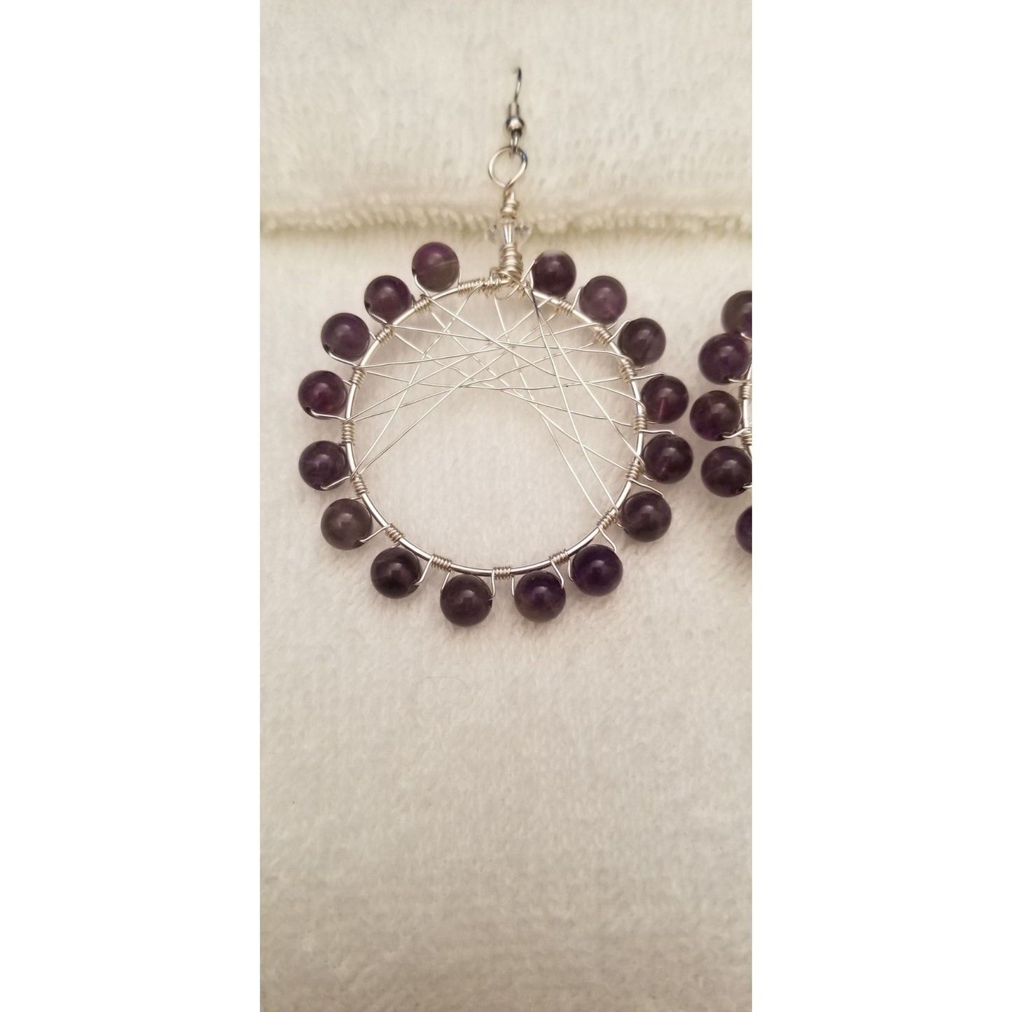Handmade Amethyst Wire Wrapped Hoop Earrings Boho Dreamcatcher Style Jewelry