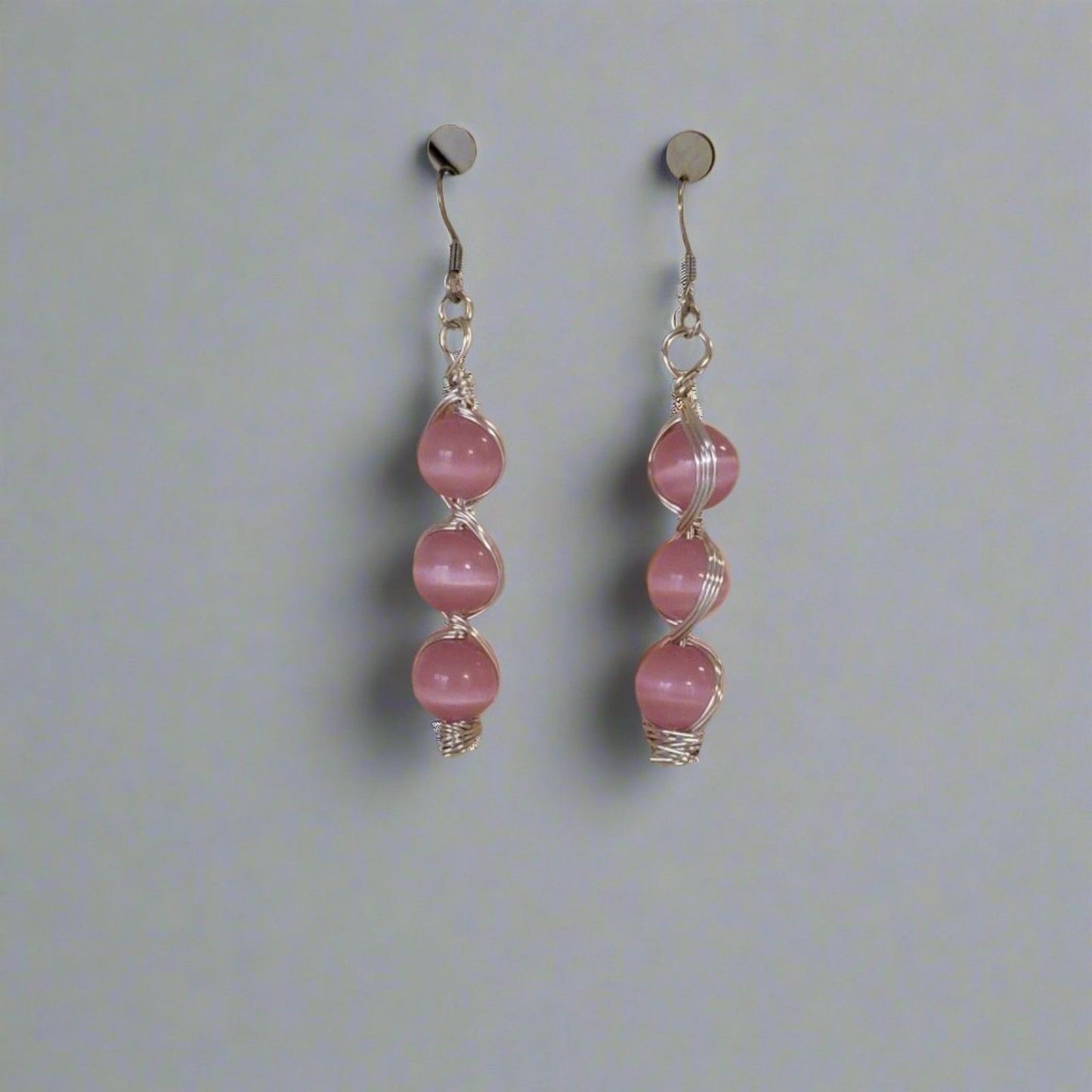 Handmade Pink Cat’s Eye Bead Earrings – Wire Wrapped Dangle Jewelry
