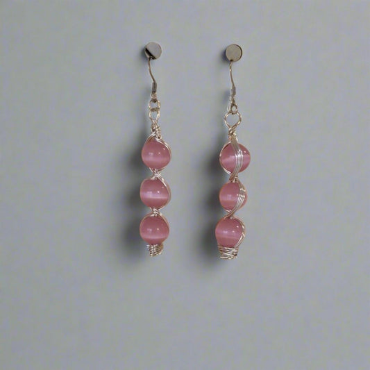 Handmade Pink Cat’s Eye Bead Earrings – Wire Wrapped Dangle Jewelry