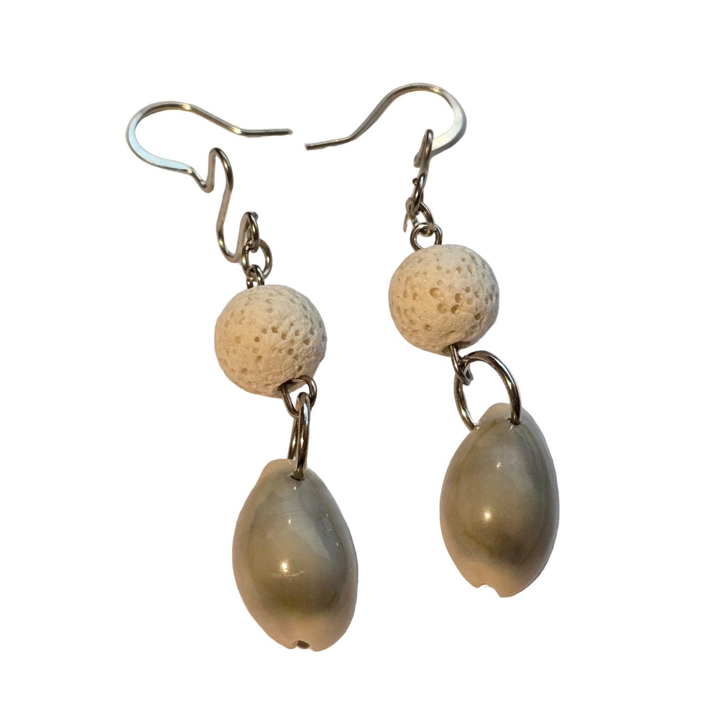 Handmade Puka Shell & White Lava Bead Earrings – Boho Coastal Dangle Jewelry