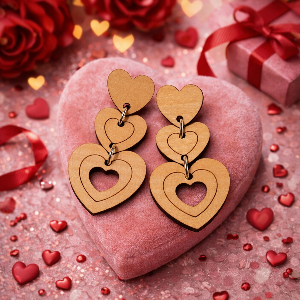 Heart-shaped wooden earrings on a pink heart with red roses and gift box in the background
