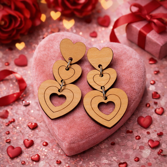 Heart-shaped wooden earrings on a pink heart with red roses and gift box in the background