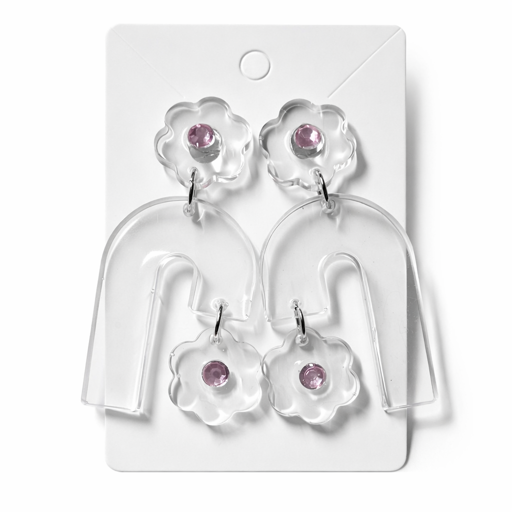 Pair of earrings with floral designs and pink gemstones on a white card.