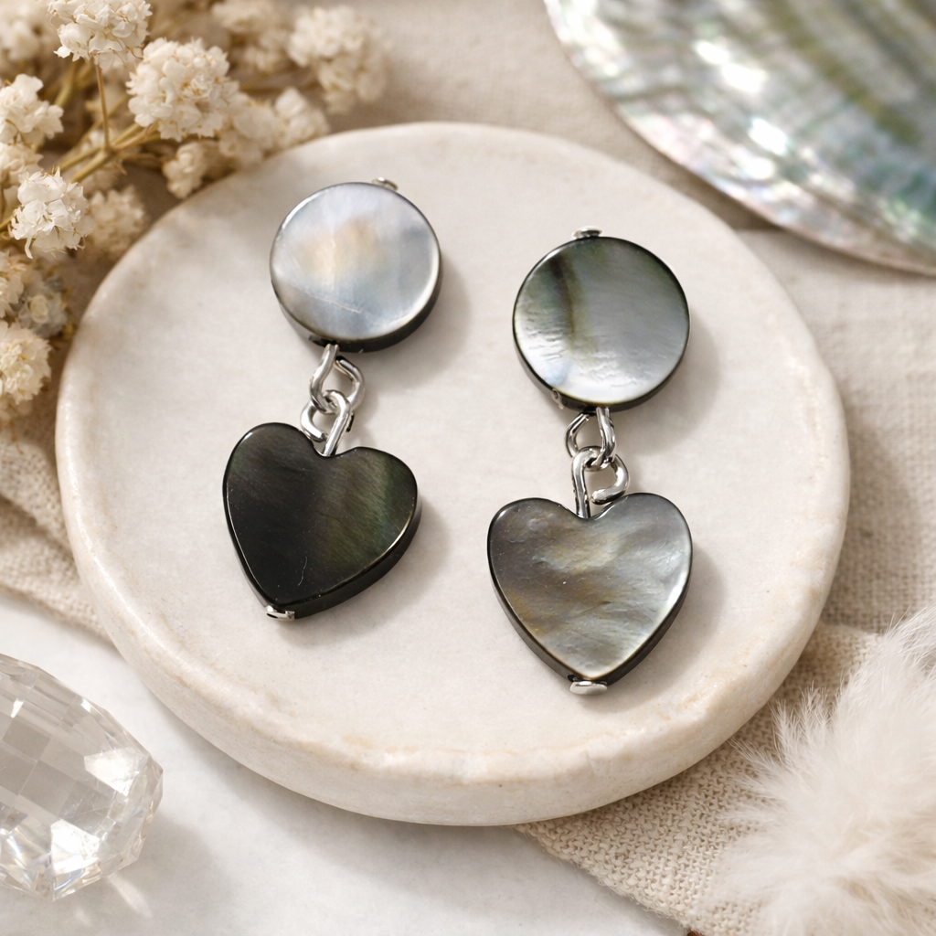 Handmade Abalone Heart Dangle Earrings – Mother of Pearl Drop Jewelry