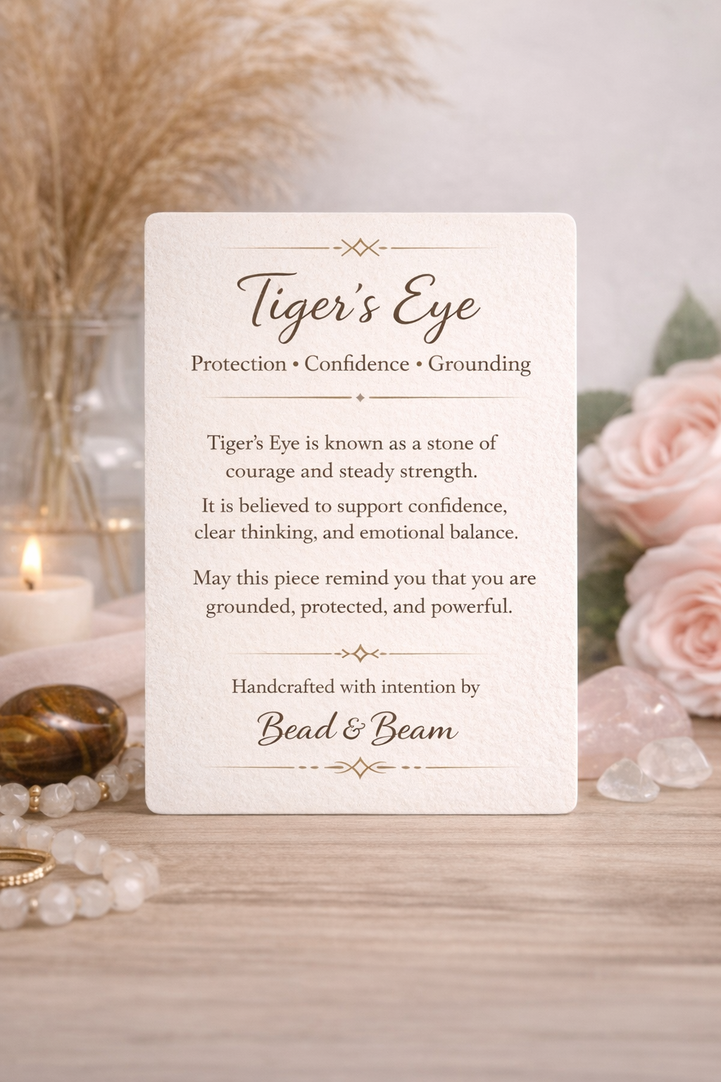 Card about Tiger's Eye with decorative elements on a wooden surface